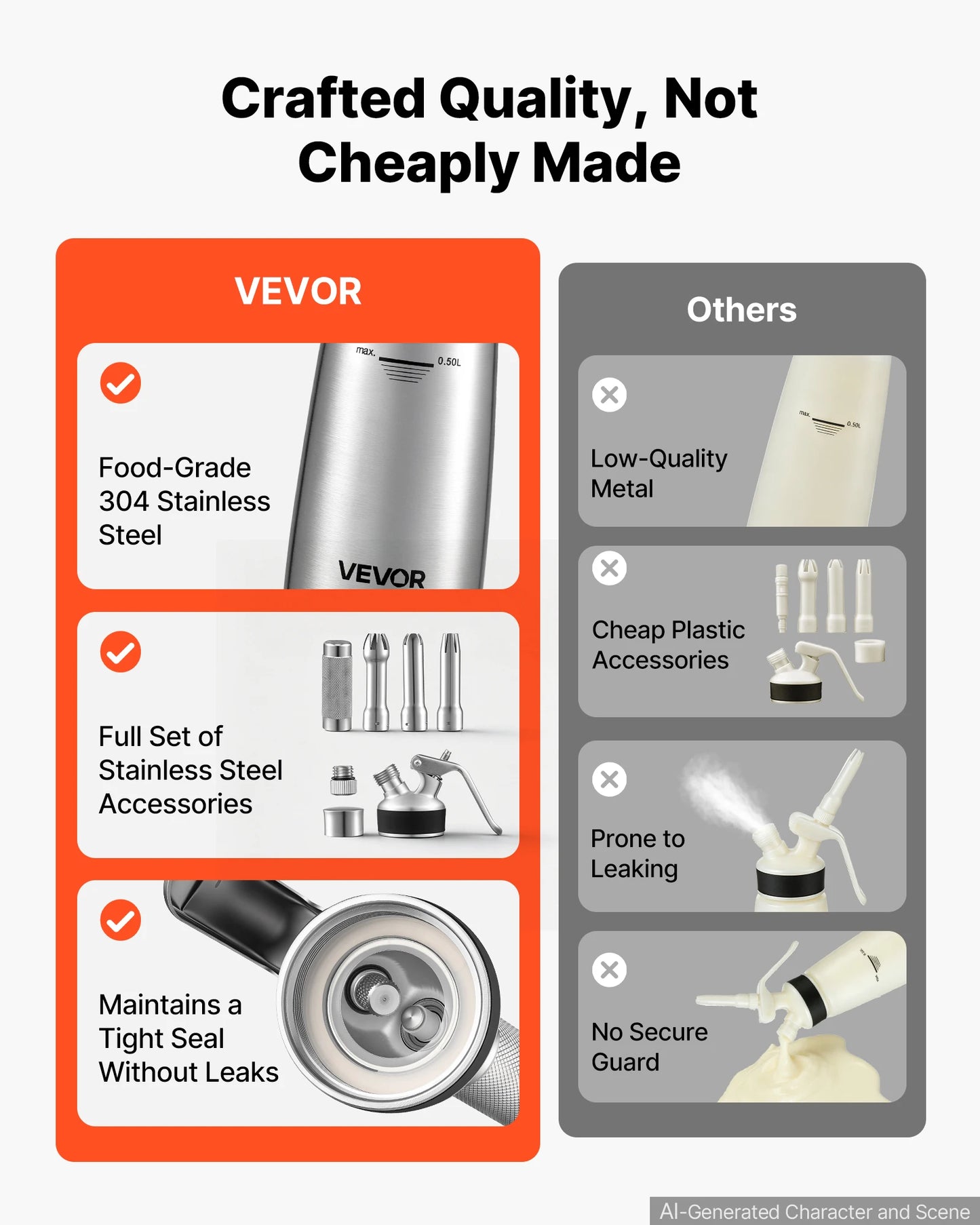 SucceBuy Professional 304 Stainless Steel Whipped Cream Dispenser 500/1000ml Leak-Free Cream Canister with 3 Decorating Nozzles
