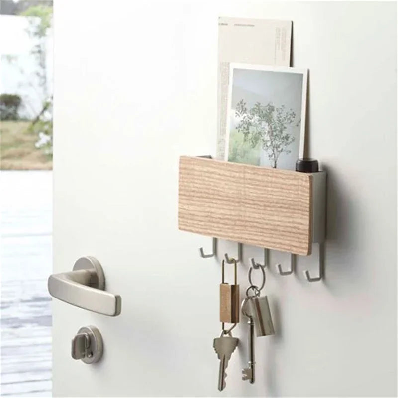 Wall Hanging Bamboo Key Organizer With 6 Hooks For Home