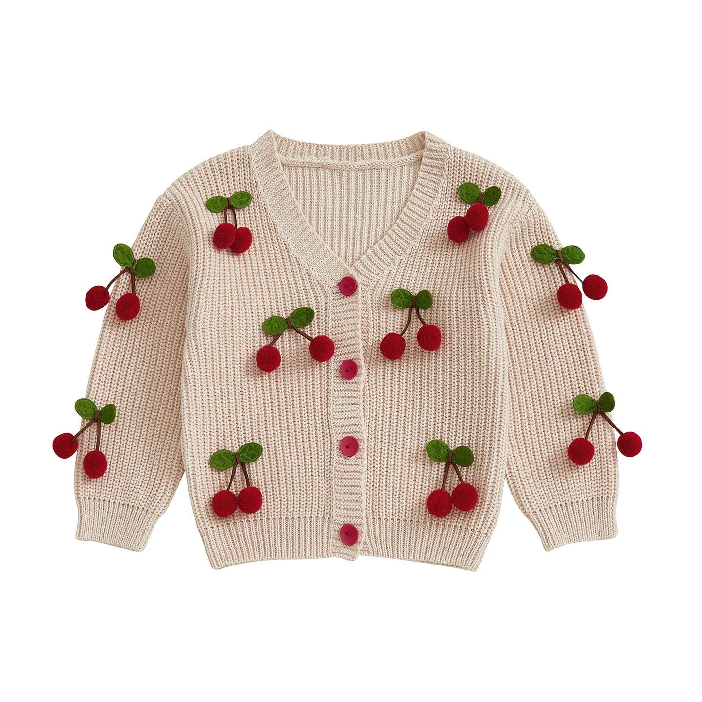 Girls Knit Cardigan Sweater V Neck Button Up Cherry Embellishments