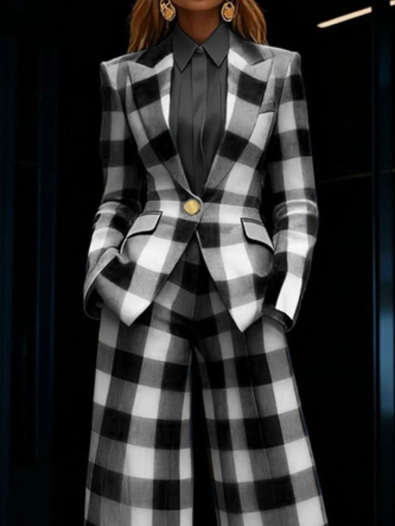 Women Plaid Blazer Wide Leg Pants Formal Two Piece Suit