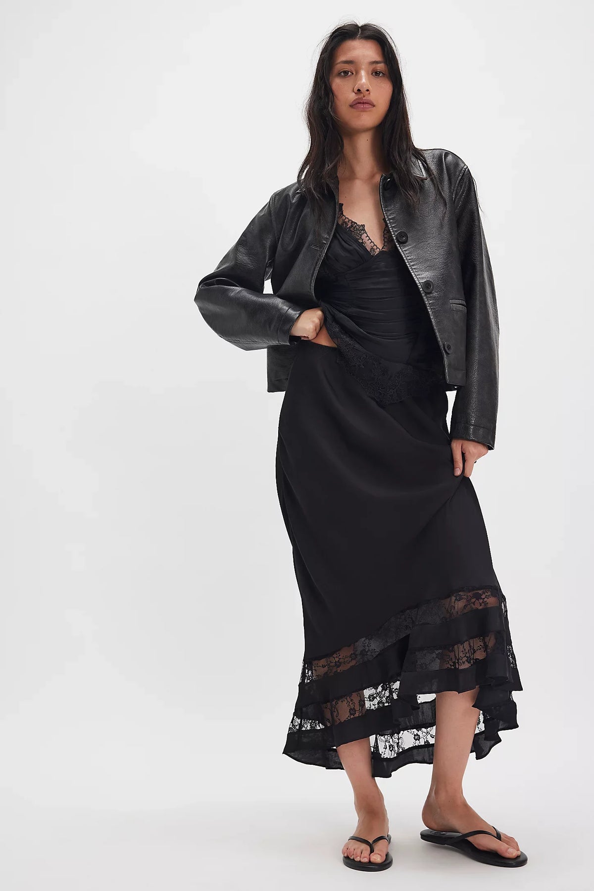 Elegant Satin Lace Ruffle Hem A Line Women's Long Skirt
