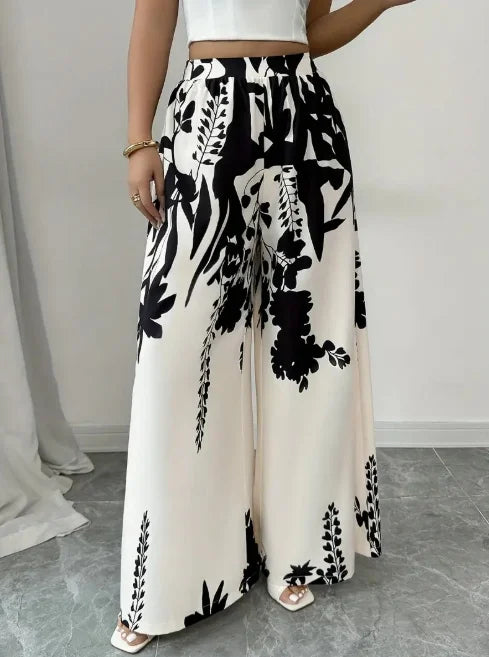 Women Floral Print Palazzo Pants Elastic High Waist Casual