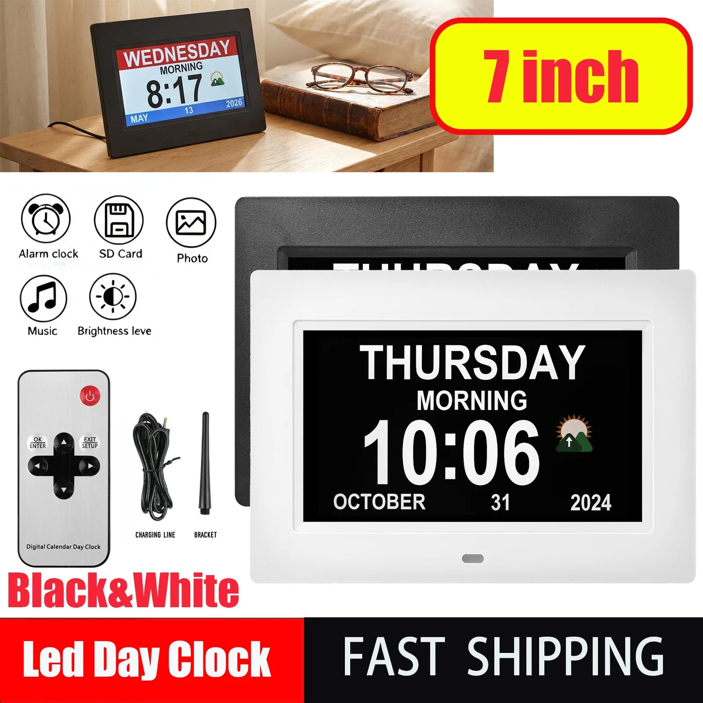 Dementia Clocks for Seniors, Digital Clock with Day and Date | Large Font, Multiple Alarm Clocks, Multiple Interface Displays, Automatic Dimming, Remote Control
