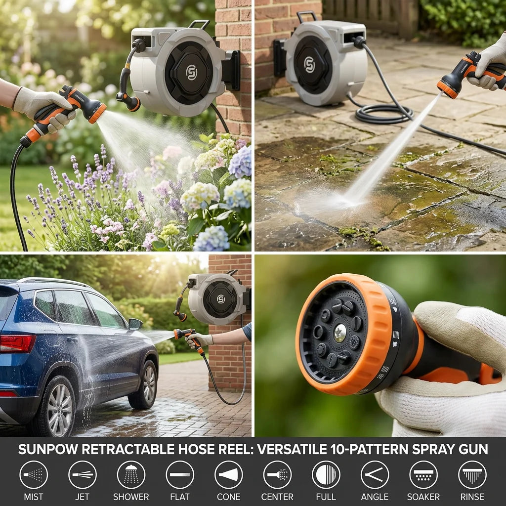 Sunpow Retractable Garden Hose Reel Wall Mount Auto Rewind