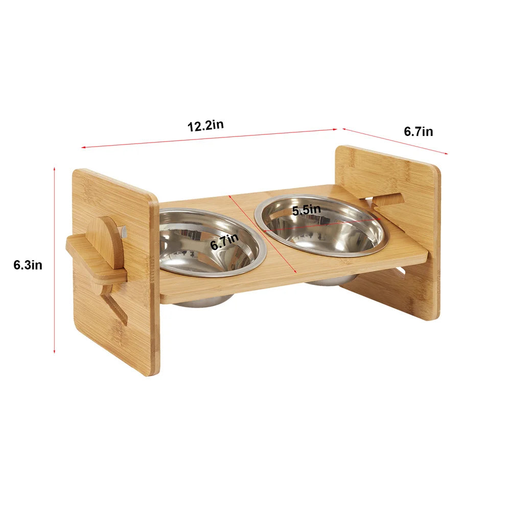 Adjustable Bamboo Raised Dog Bowl Stand with Stainless Steel Bowls