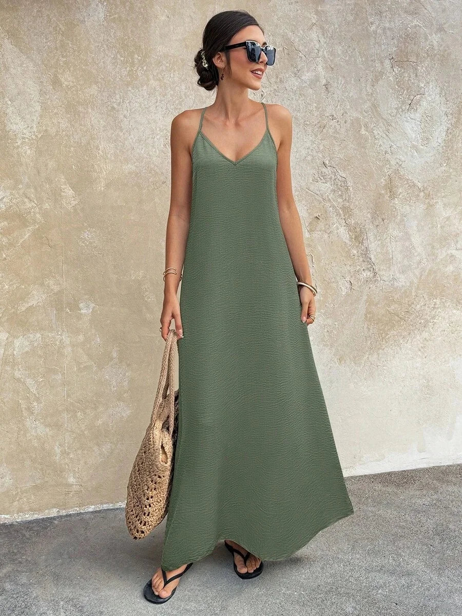 Chic Elegant Womens Ankle Length V Neck Polyester Dress