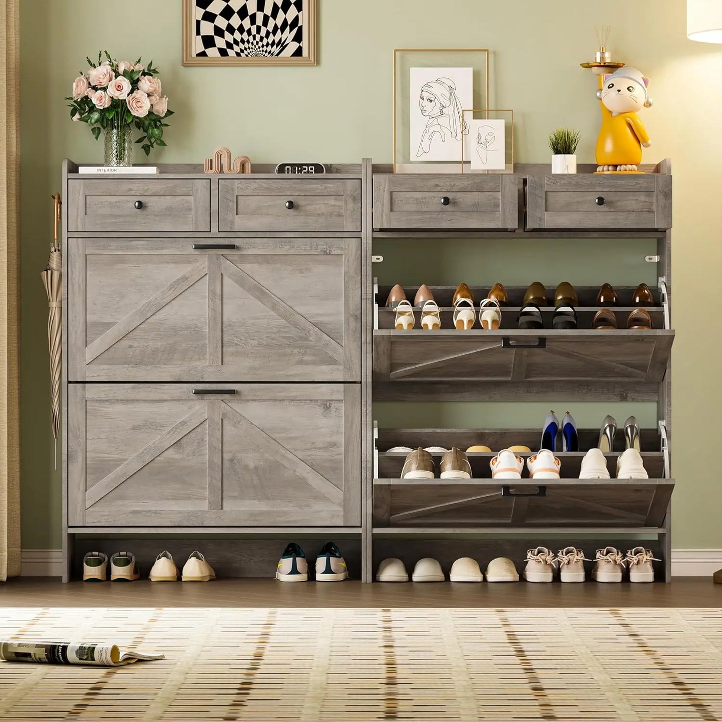 Shoe Storage Cabinet For Entryway Narrow With Drawers And Hooks