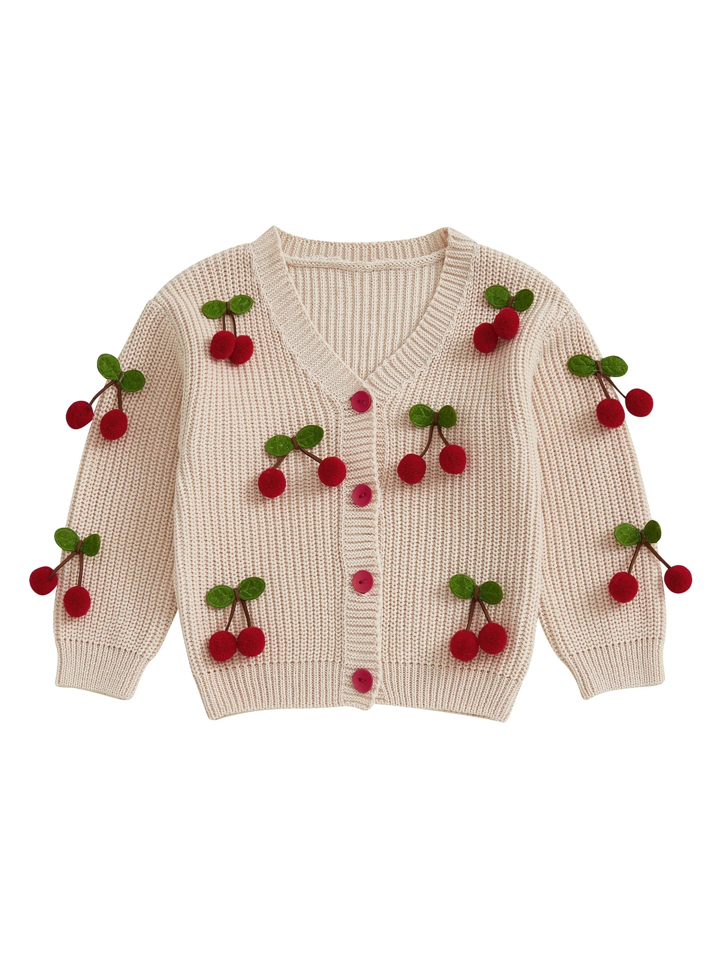 Girls Knit Cardigan Sweater V Neck Button Up Cherry Embellishments