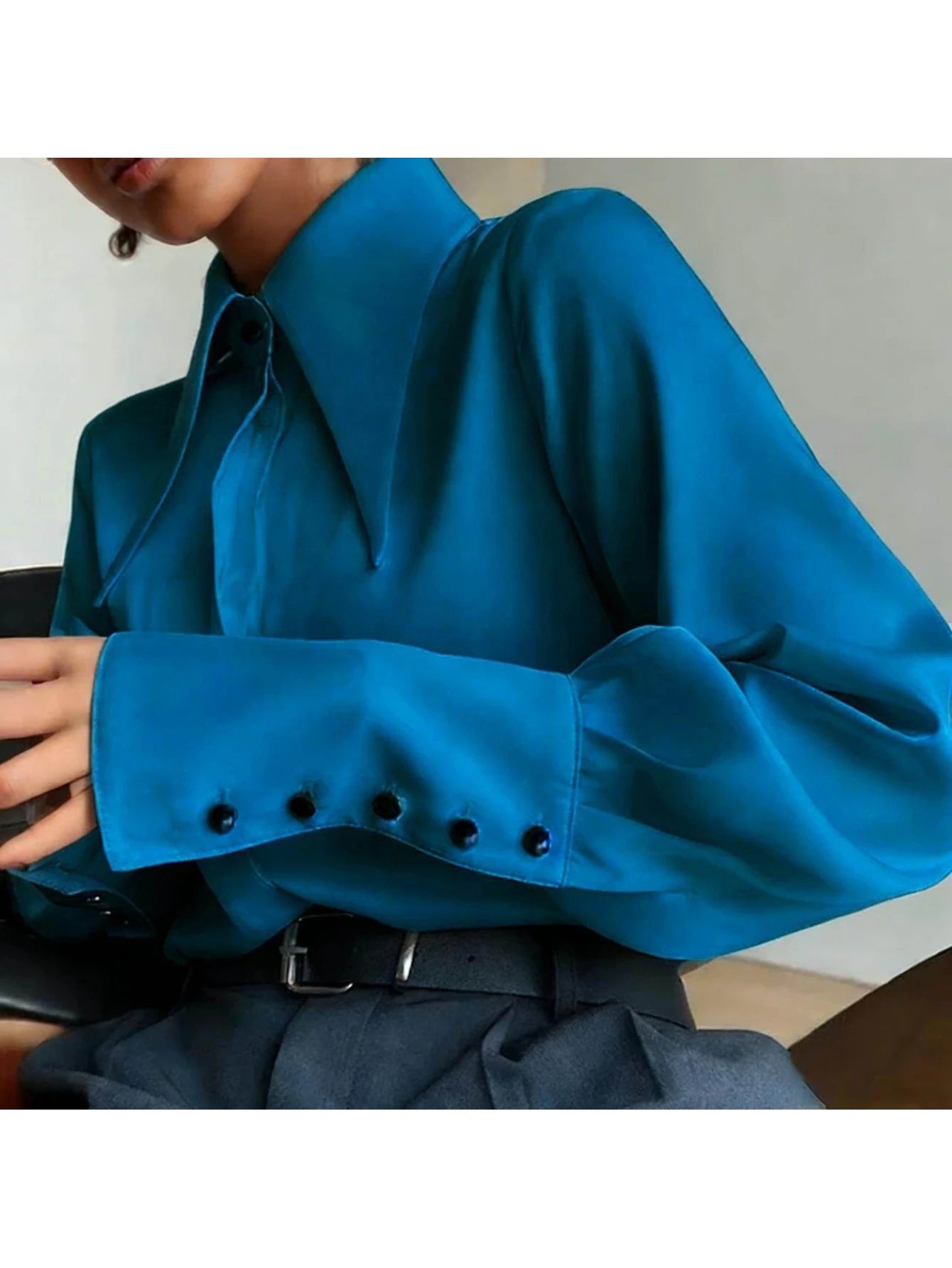 Women Elegant Sharp Point Collar Blouse Long Sleeve Button Office