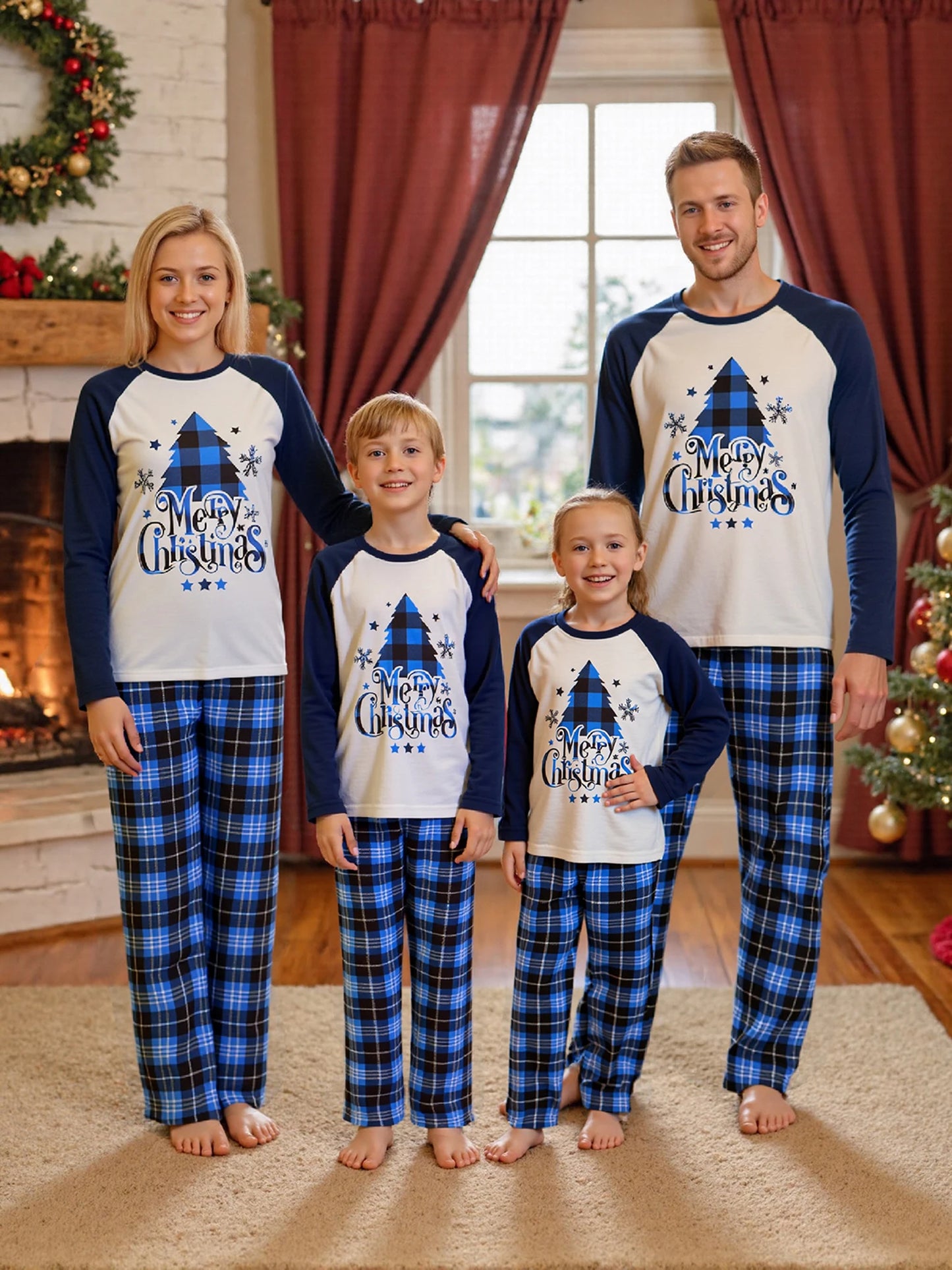 Family Christmas Pajama Set Reindeer Print Cozy Plaid