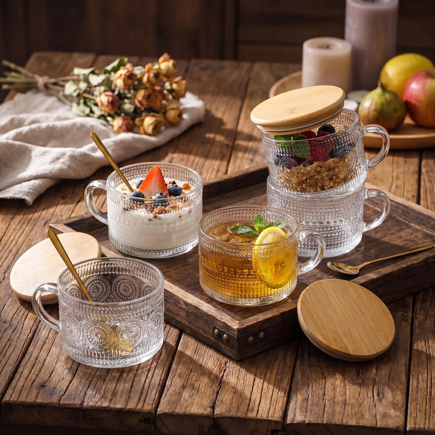 14 OZ Glass Coffee Mugs Set, 4-Piece Vintage Embossed Cups with Bamboo Lids and Spoons for Coffee Oatmeal Yogurt