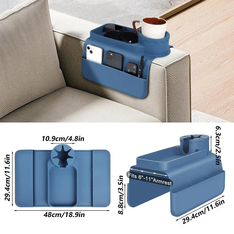 Silicone Sofa Cup Holder, Oversized Anti-Spill & Non-Slip Couch Arm Tray with Side Pocket, Armrest Caddy for Drinks, Phone, Snac