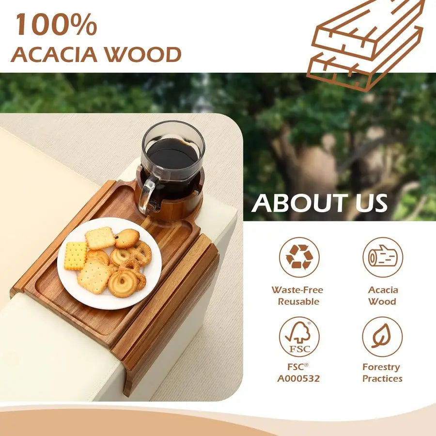 Cup Holder Tray, Acacia Wood Couch Armrest Table with 360 Ratated Phone Holder, 18.99 Flodable AntiSlip Sofa Armrest Tray Tables