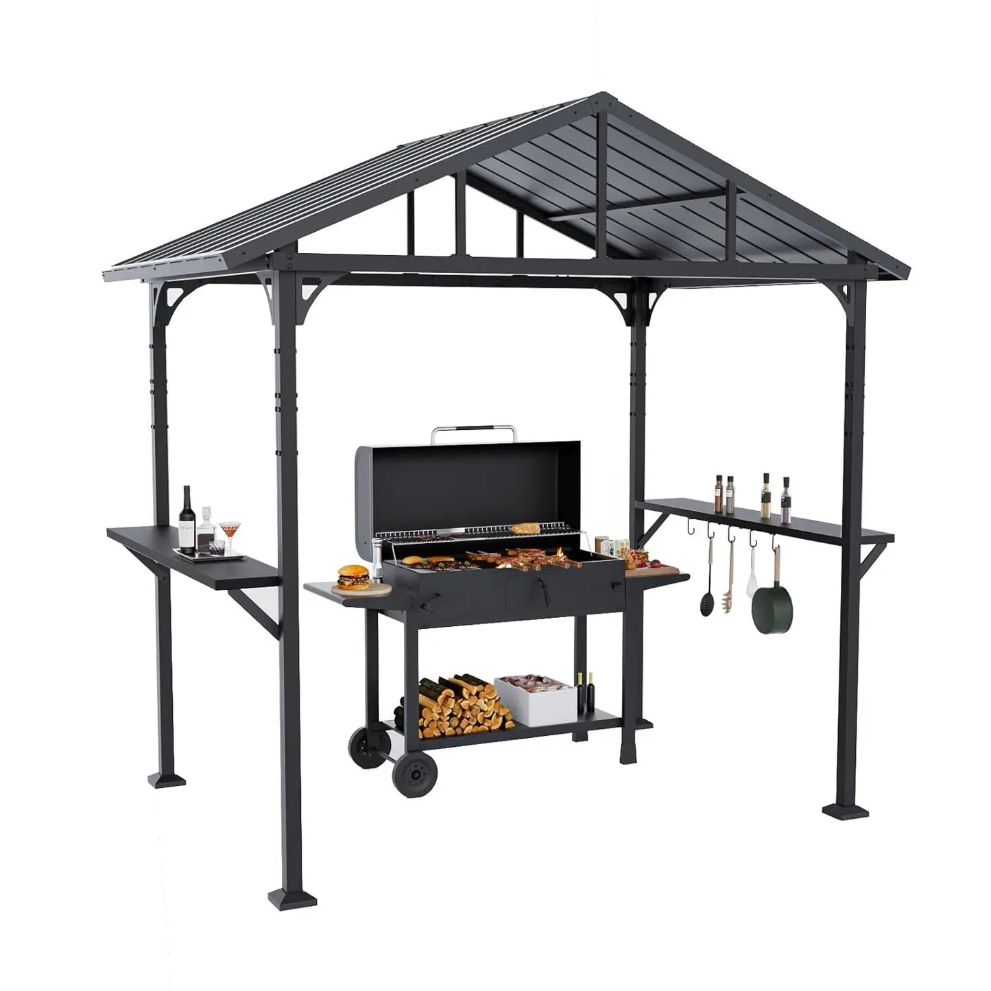 Metal BBQ Grill Gazebo With Triangular Roof And Side Shelves