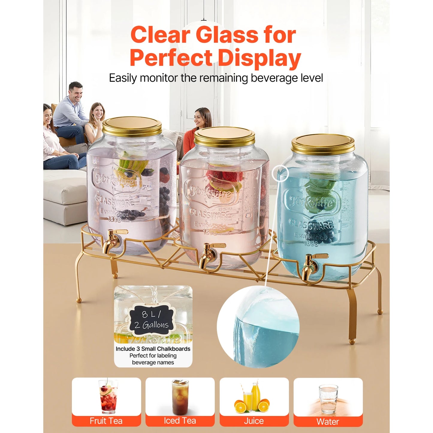 SucceBuy Beverage Dispenser Drink Dispensers for Parties, Glass Juice Dispenser with Metal Stand Lemonade Juice Water Dispensers