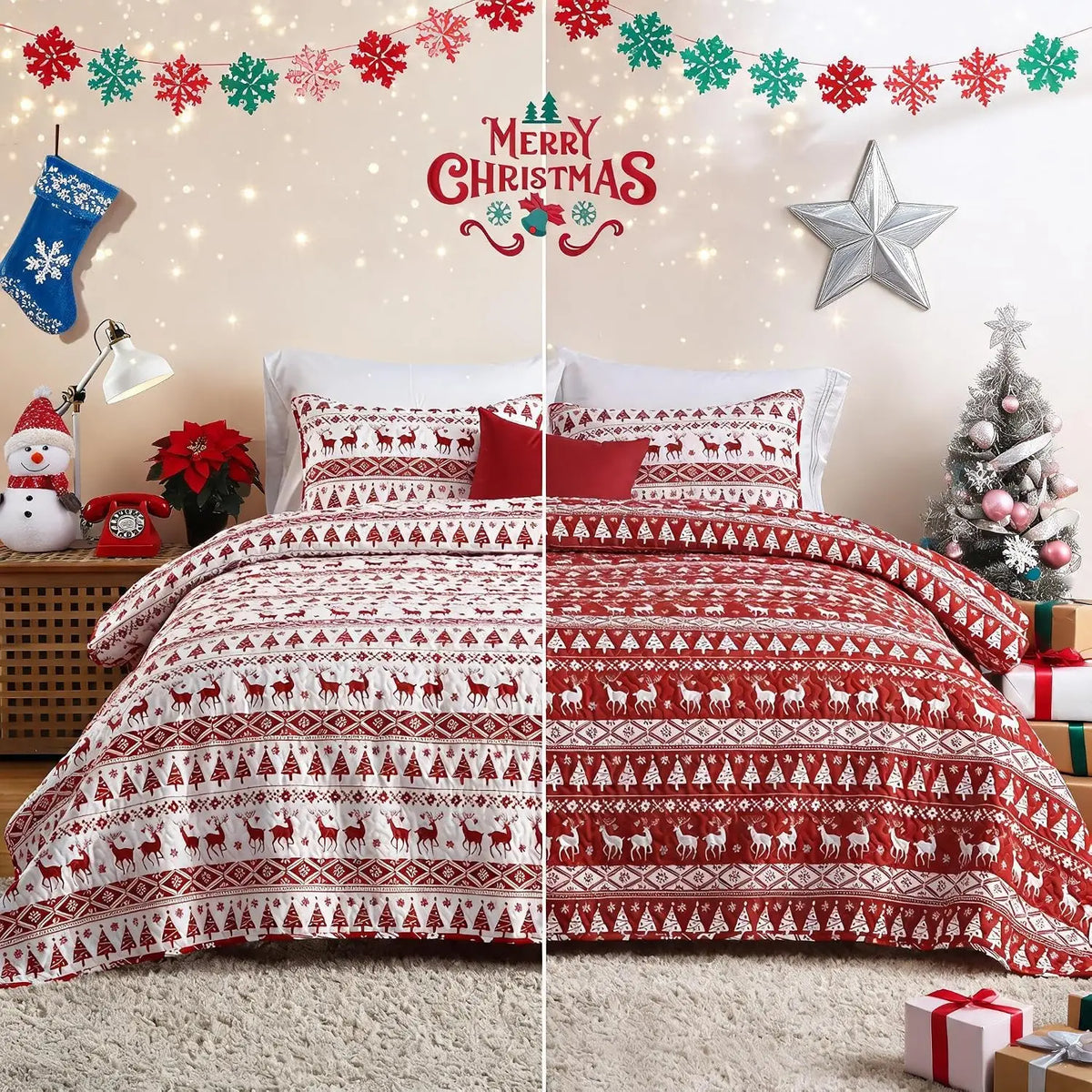 Christmas Snowflake Fleece Quilt Set With Soft Warm Bedding Blankets