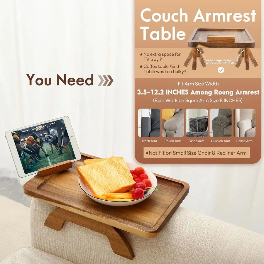 Couch Arm Table, Acacia Wood Sofa Arm Rest Tables Couch Armrest Table with 360 Phone Holder,Portable Sofa Armrest Tray for Drink