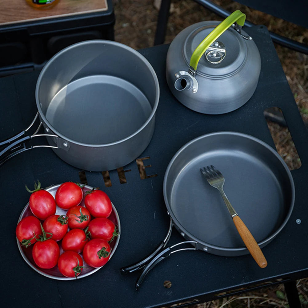 APWIKOGER Camping Cookware Set 3 Pcs Pot Pan Kettle With Mesh Bag