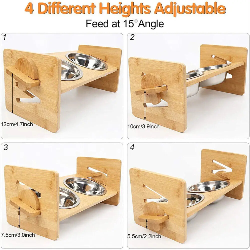 Adjustable Bamboo Raised Dog Bowl Stand with Stainless Steel Bowls