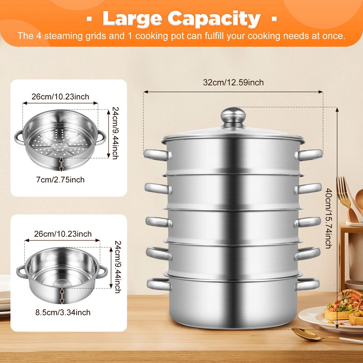 Bymaocar 5 Layer Stainless Steel Steamer Pot With Glass Lid