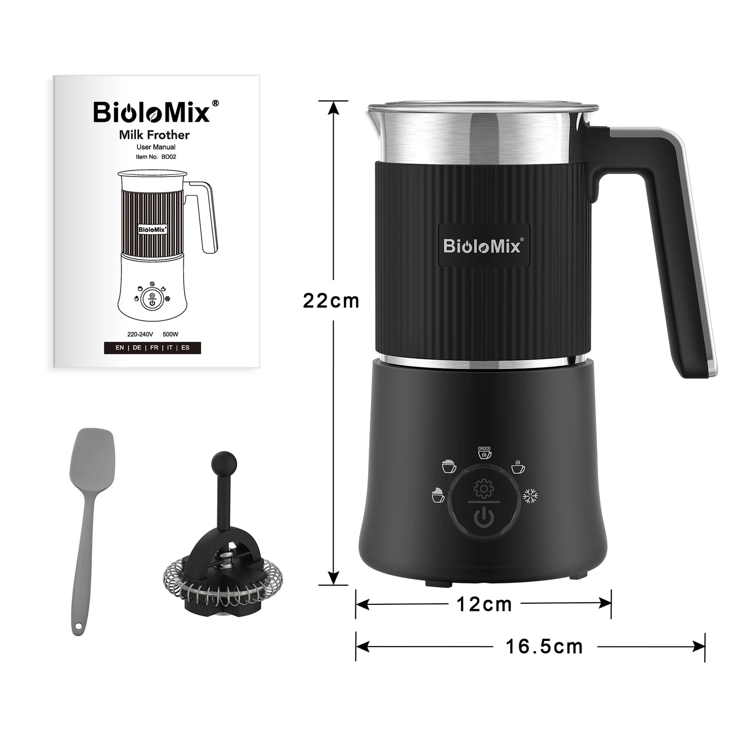 BioloMix 5-in-1 Automatic Hot/Cold Foam and Hot Chocolate Maker,Detachable Milk Frother and Steamer,Dishwasher Safe