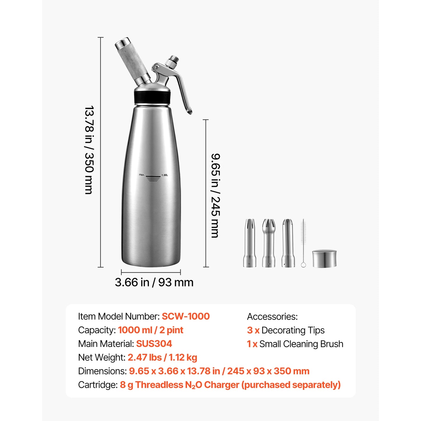 SucceBuy Professional 304 Stainless Steel Whipped Cream Dispenser 500/1000ml Leak-Free Cream Canister with 3 Decorating Nozzles