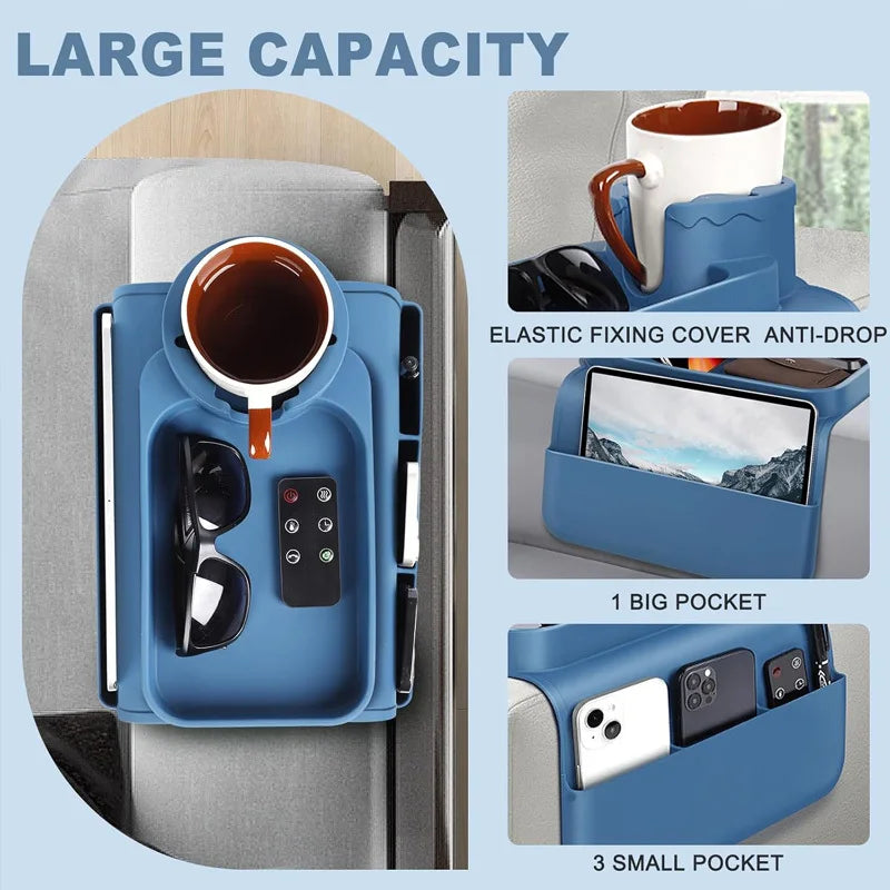 Silicone Sofa Cup Holder, Oversized Anti-Spill & Non-Slip Couch Arm Tray with Side Pocket, Armrest Caddy for Drinks, Phone, Snac