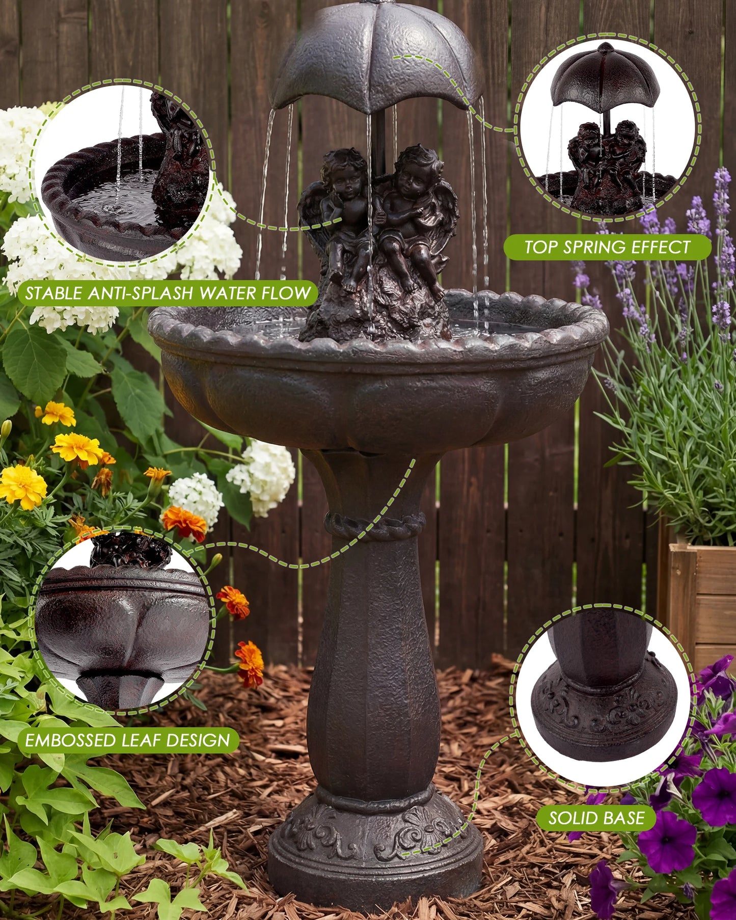Solar Outdoor Water Fountain Cascading Waterfall With Whisper Quiet Pump