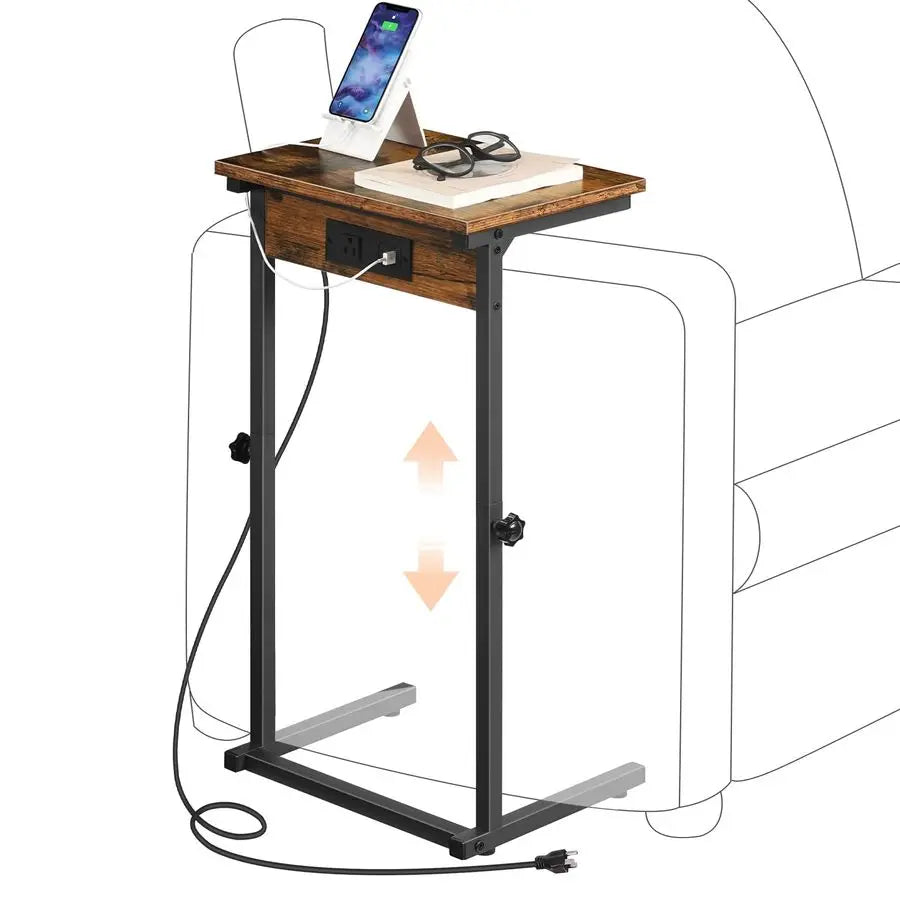 CShaped End Table with Charging Station, Adjustable Height Sofa Tray Arm Table, Slide Under Couch Table, Small C Side Table for