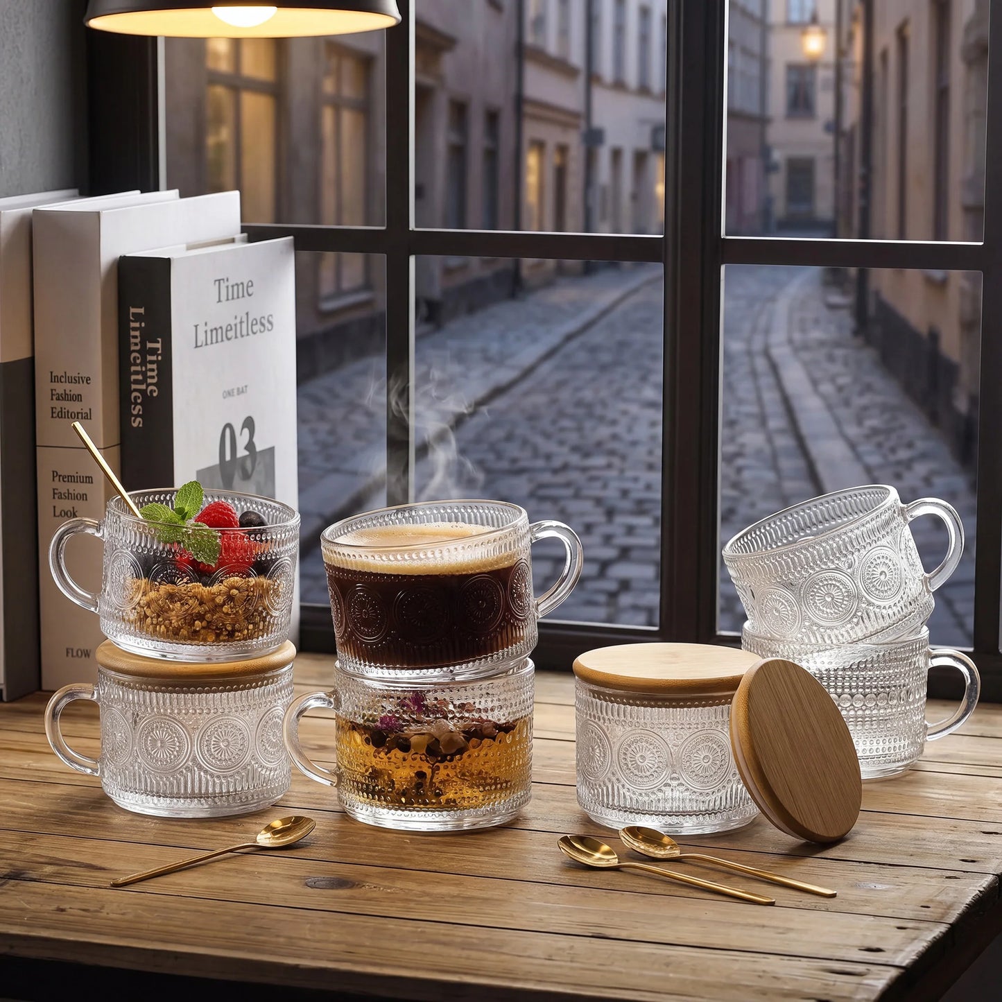 14 OZ Glass Coffee Mugs Set, 4-Piece Vintage Embossed Cups with Bamboo Lids and Spoons for Coffee Oatmeal Yogurt