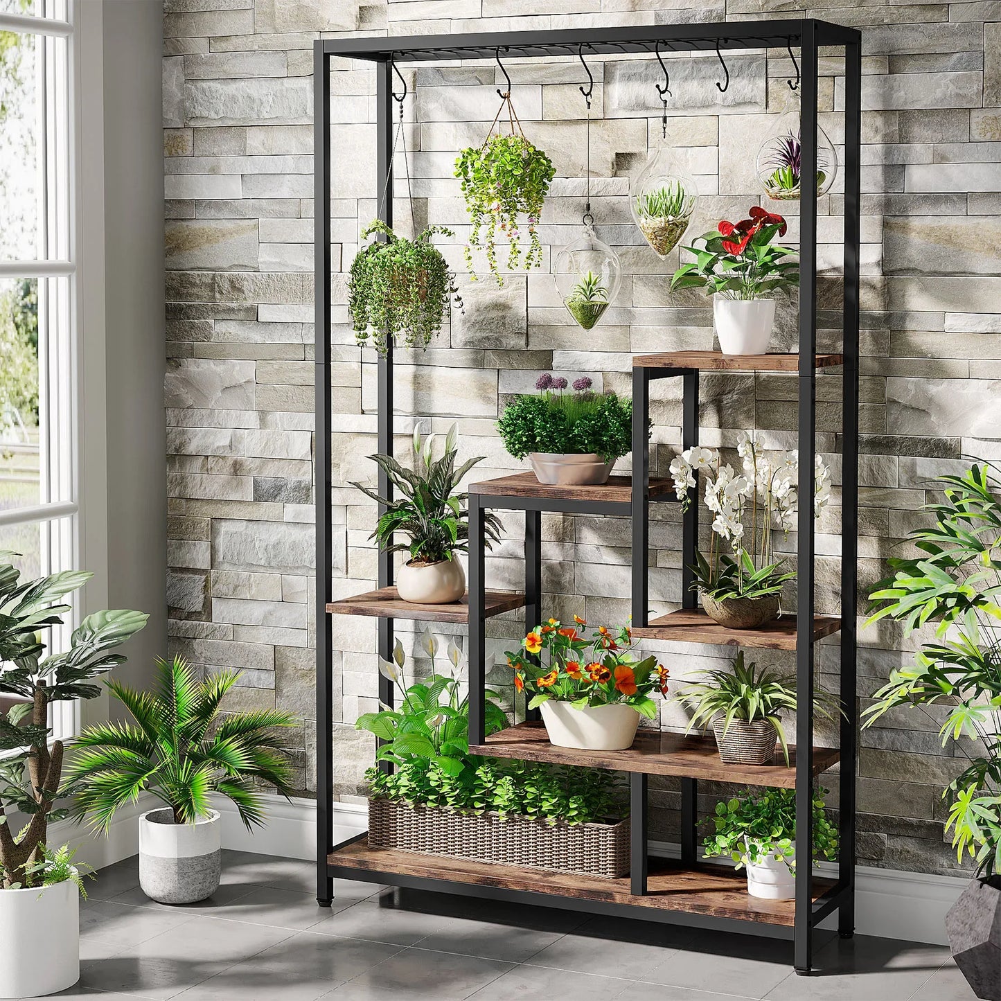 Tribesigns 5 Tier Indoor Plant Stand Metal Shelf With Hooks
