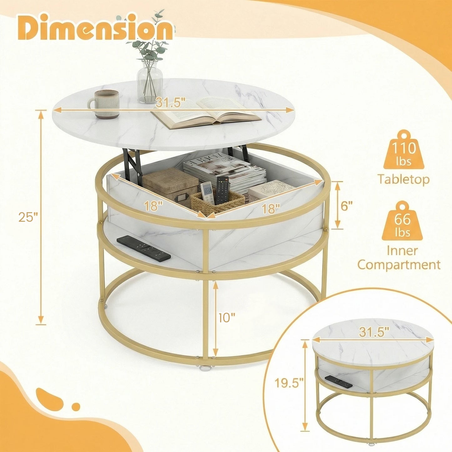 HOMASIS Lift Top Coffee Table Hidden Compartment And Side Shelves