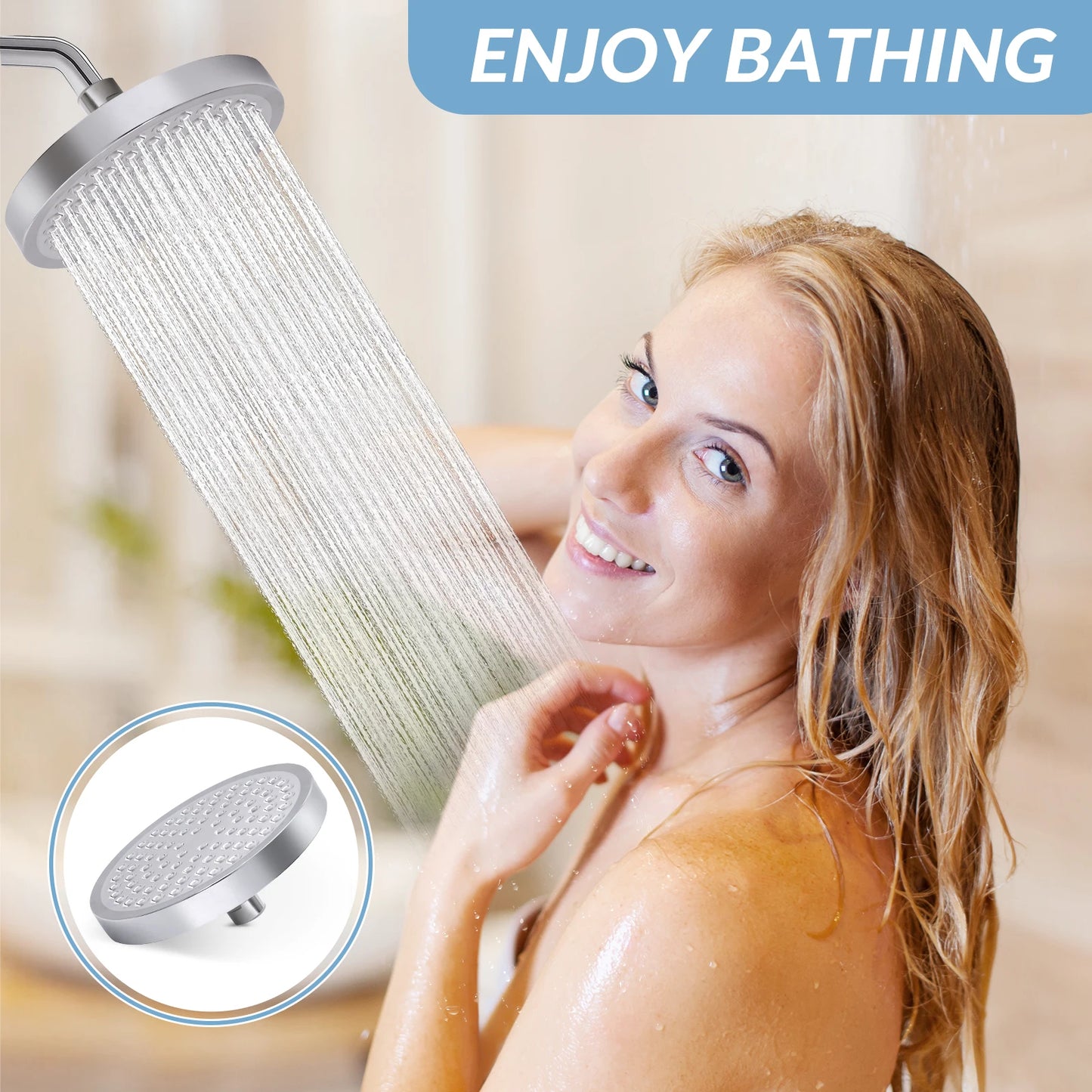 Stainless Steel Rain Shower Head High Pressure Adjustable Wall Mounted