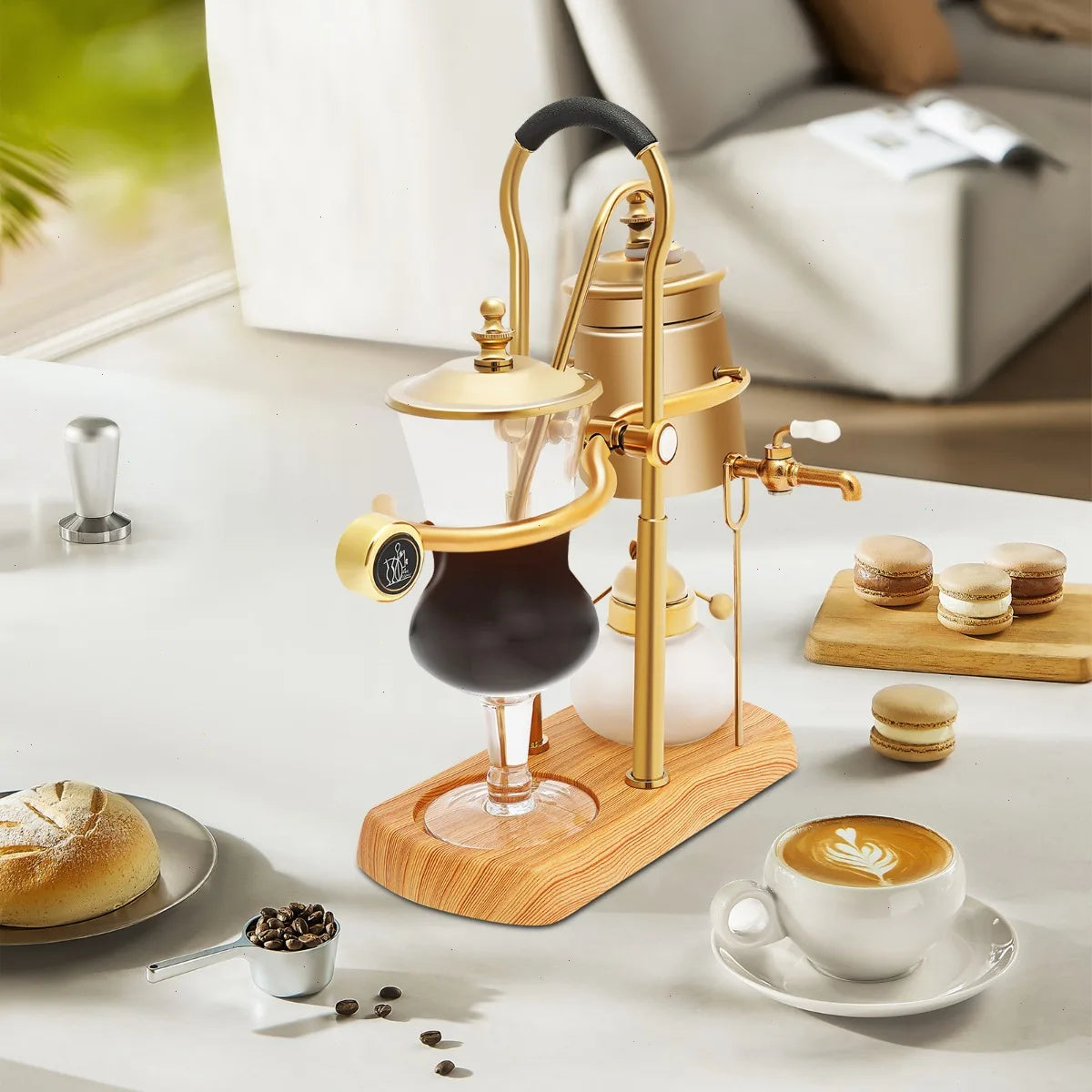 Siphon Coffee Maker, Borosilicate Glass Coffee Pot, Gold Siphon Brewer, Heat Resistant, Stainless Steel Filter, Alcohol Burner Safety Lid, Coffee Brewing Set with Tap, Measuring Cup, Spoon