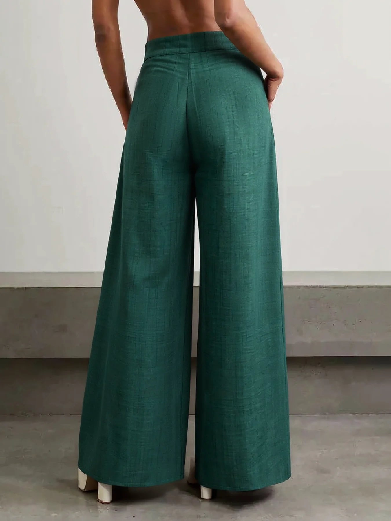 Women High Waist Pleated Wide Leg Polyester Trousers With Pockets