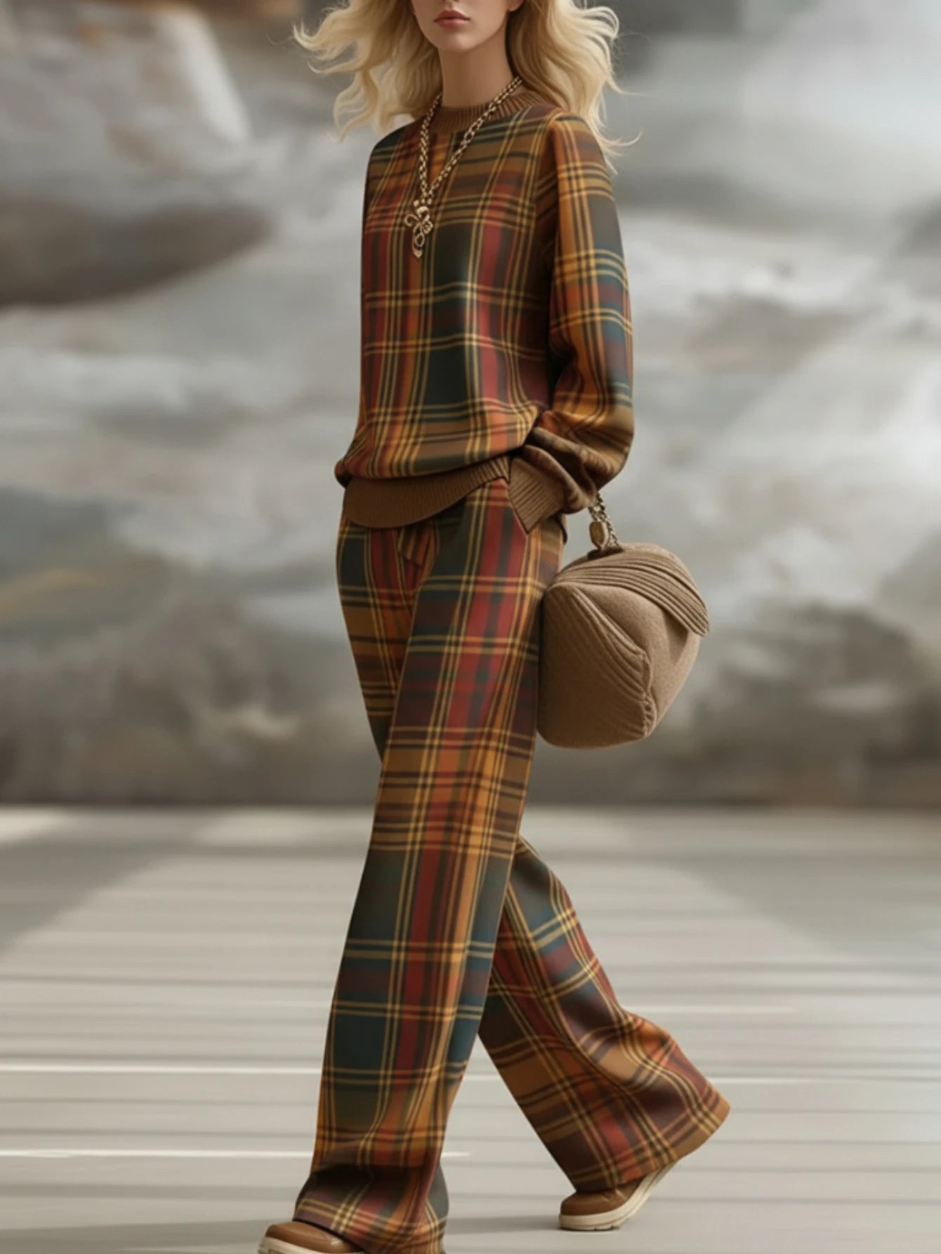 Women Plaid Matching Two Piece Casual Long Sleeve Outfit
