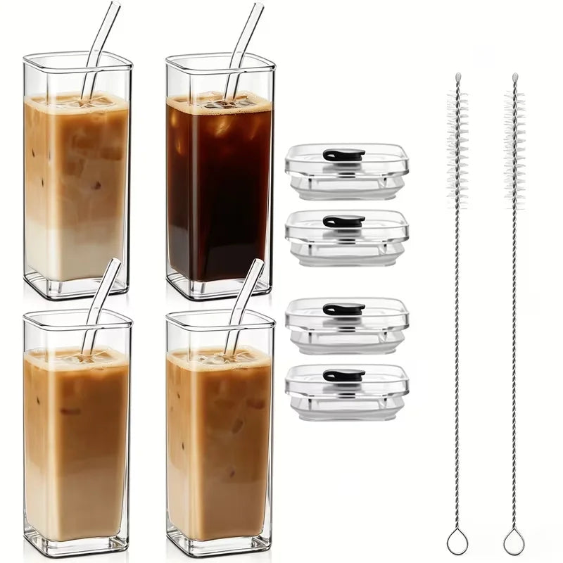 4Pcs Square Glass Cups Set 13oz Coffee Mugs With Lids Straws BPA Free With Cleaning Brush For Home Office School Outdoor Wedding Gift Drinkware