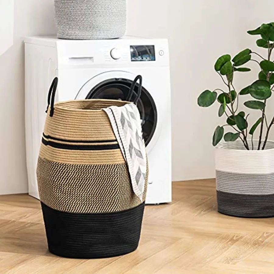 Rope Laundry Hamper by, 105L - Woven Collapsible Laundry Basket - Clothes Storage Basket for Blankets organizing, Bedroom Stora