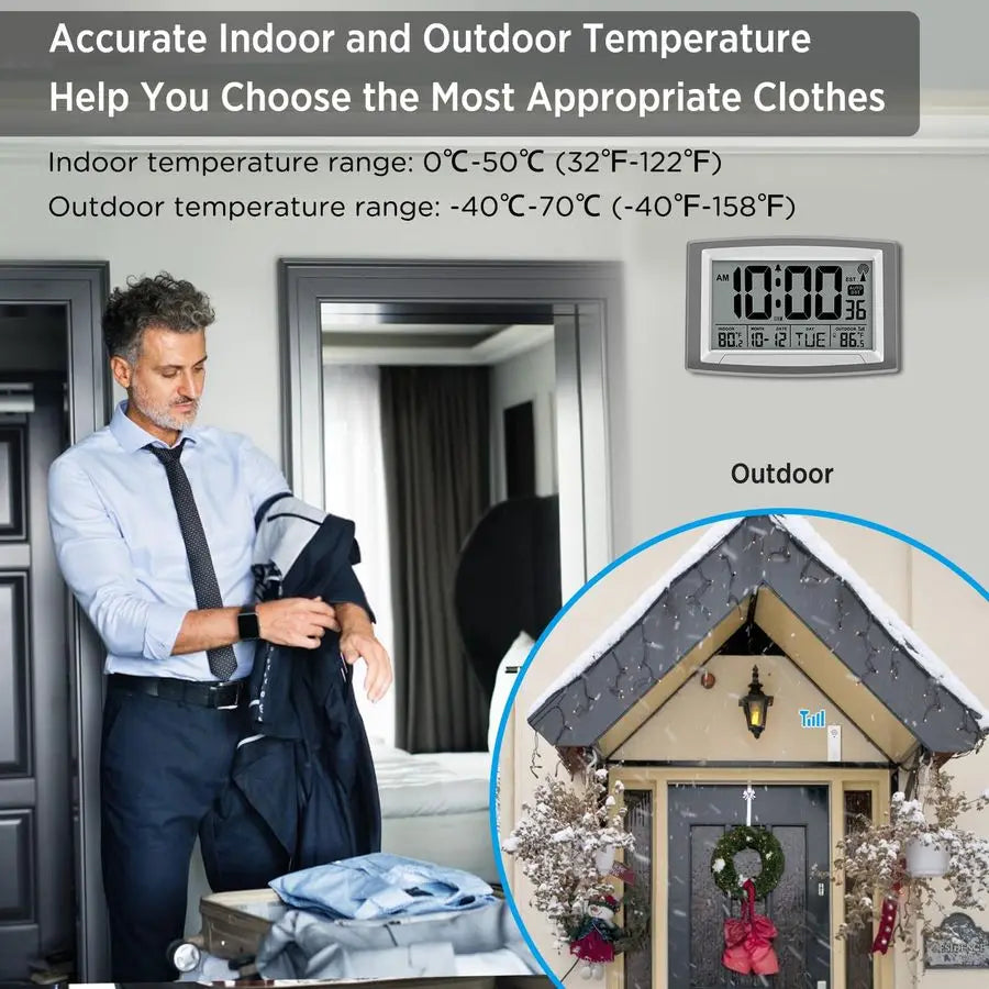 Atomic Wall Clock With Outdoor Indoor Temperature Large Display