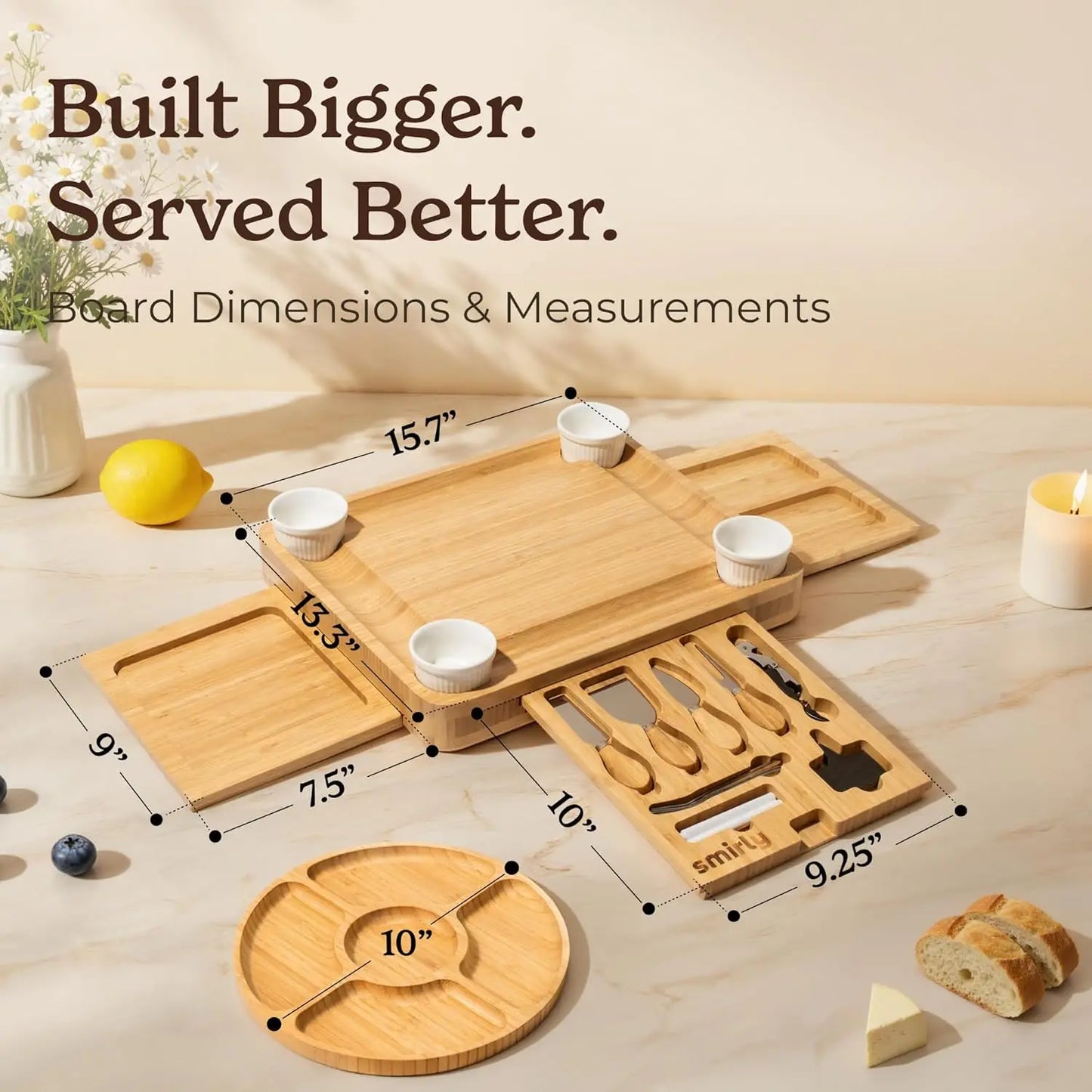 Bamboo Cheese Board Set With Knives And Bowls For Entertaining