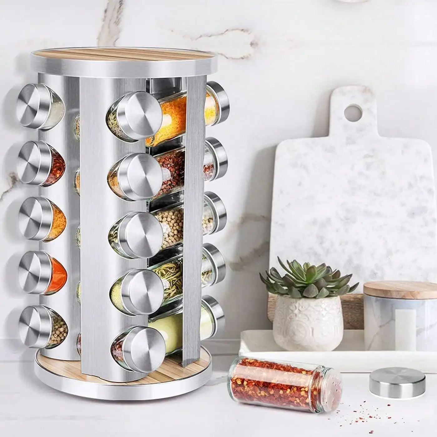 Spice Rack Organizer Revolving Jars Stainless Steel Wood