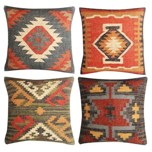 Set of 4 Wool Jute Vintage Kilim Cushion Covers, Home Decor Pillowcases Handwoven Turkish Pillow Decorative Throw Pillow Covers