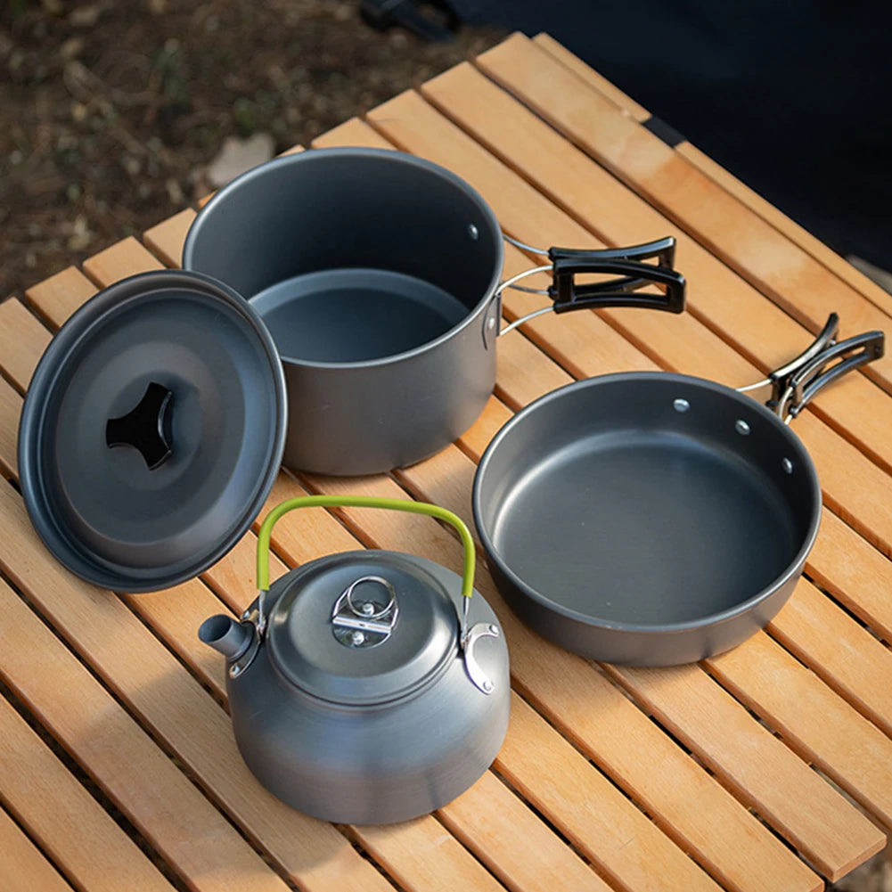 APWIKOGER Camping Cookware Set 3 Pcs Pot Pan Kettle With Mesh Bag