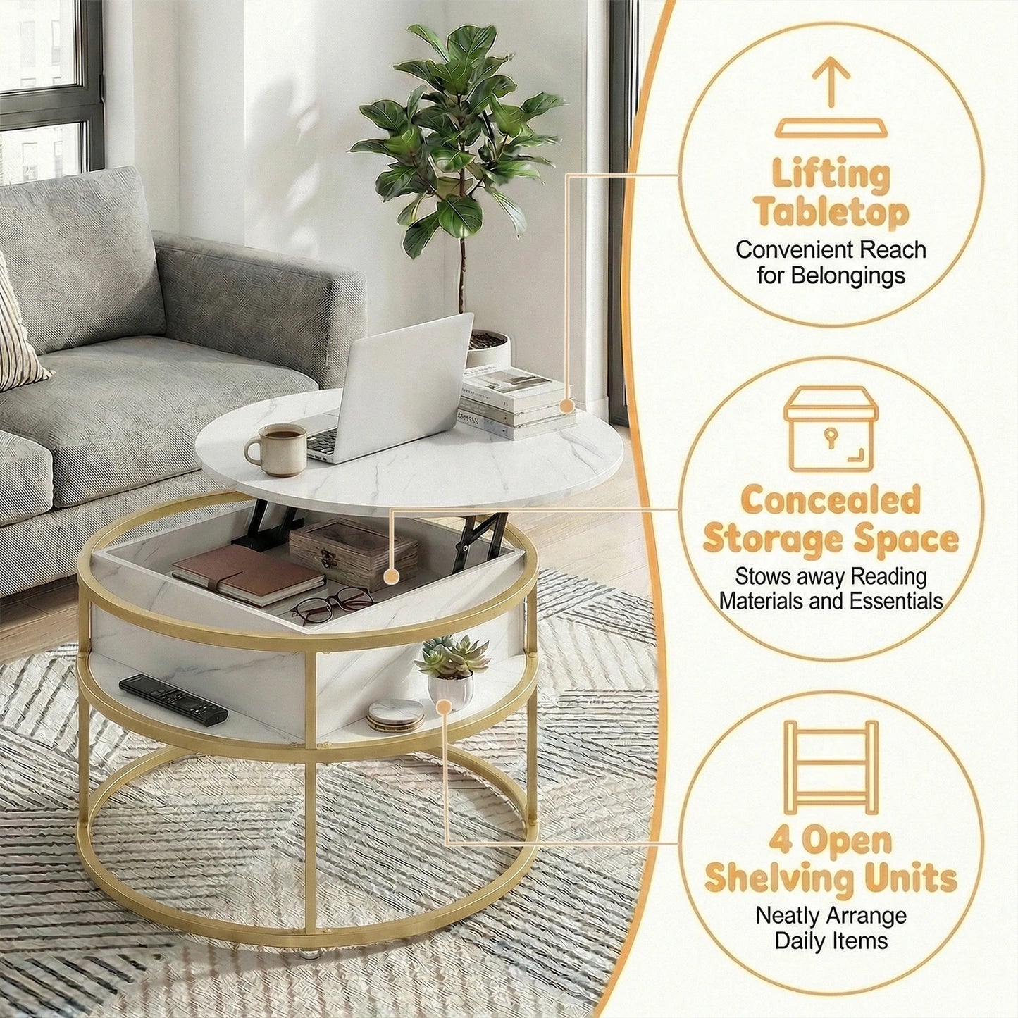 HOMASIS Lift Top Coffee Table Hidden Compartment And Side Shelves