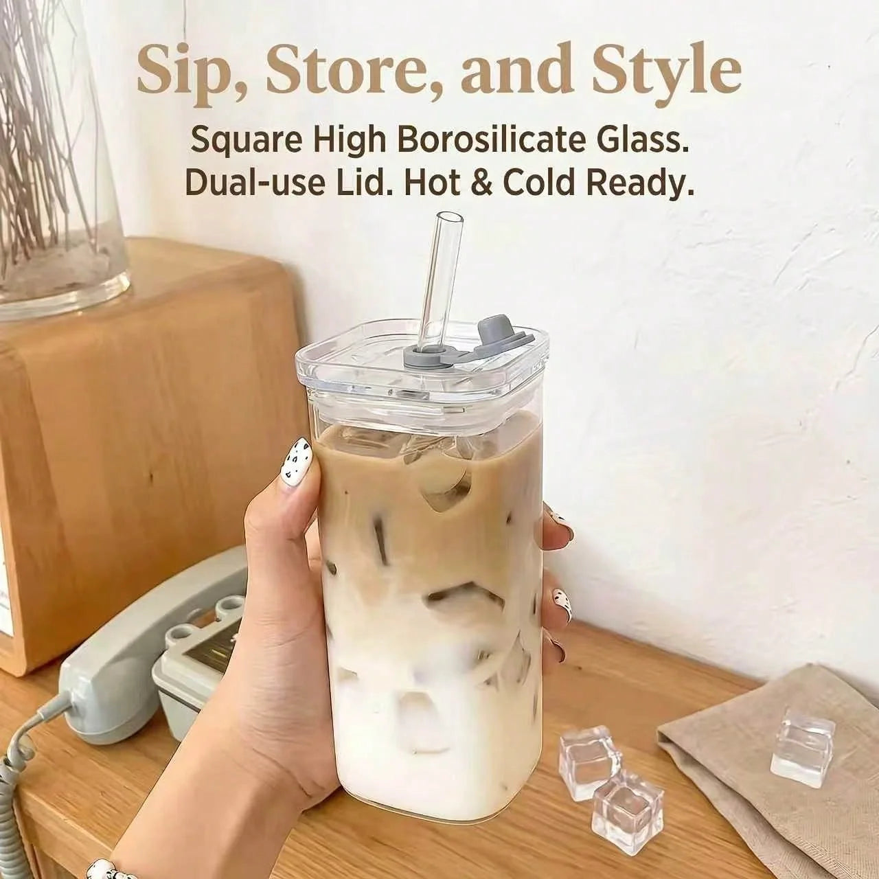 4Pcs Square Glass Cups Set 13oz Coffee Mugs With Lids Straws BPA Free With Cleaning Brush For Home Office School Outdoor Wedding Gift Drinkware