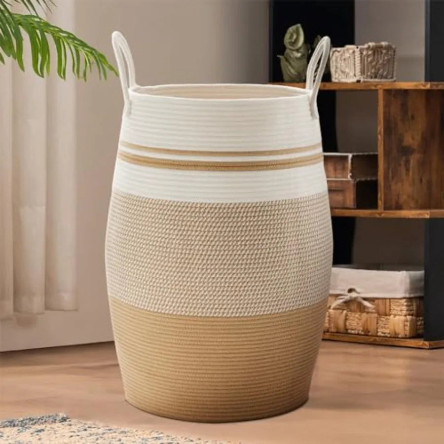 Cotton Rope Laundry Hamper by, 105L - Woven Collapsible Laundry Basket - Clothes Storage Basket for Blankets organizing, Bedroo