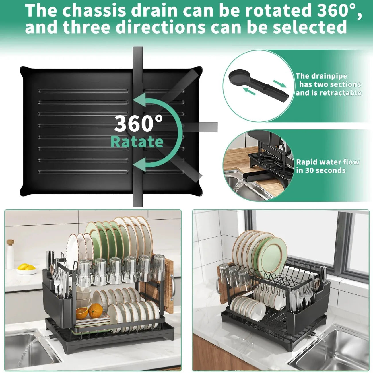 Diamri 2 Tier Rotating Dish Drying Rack With 360 Swivel