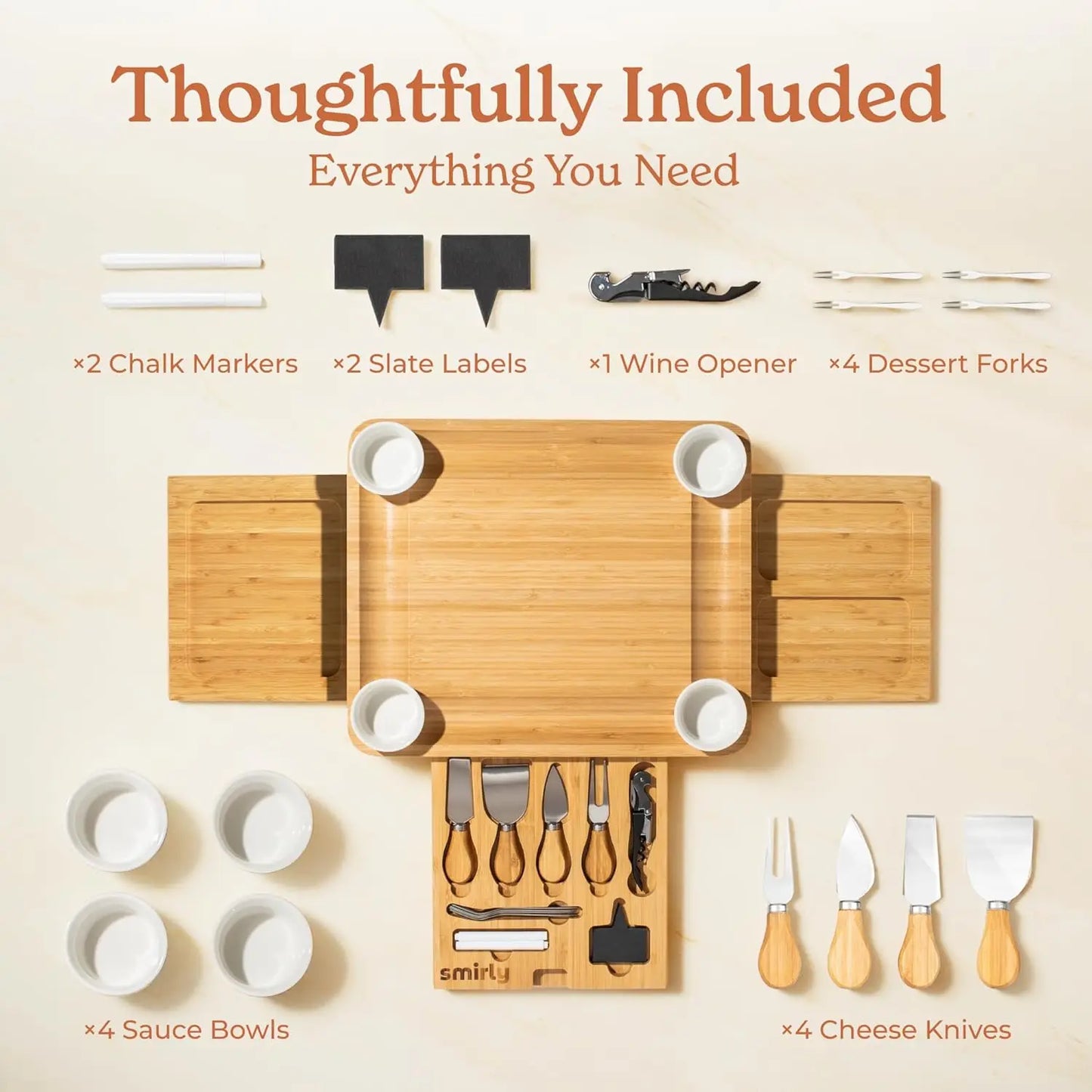 Bamboo Cheese Board Set With Knives And Bowls For Entertaining