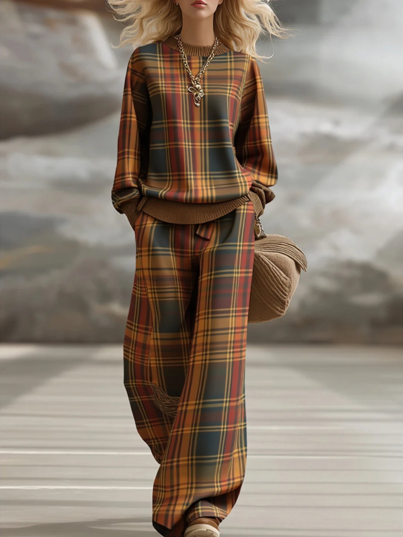 Women Plaid Matching Two Piece Casual Long Sleeve Outfit