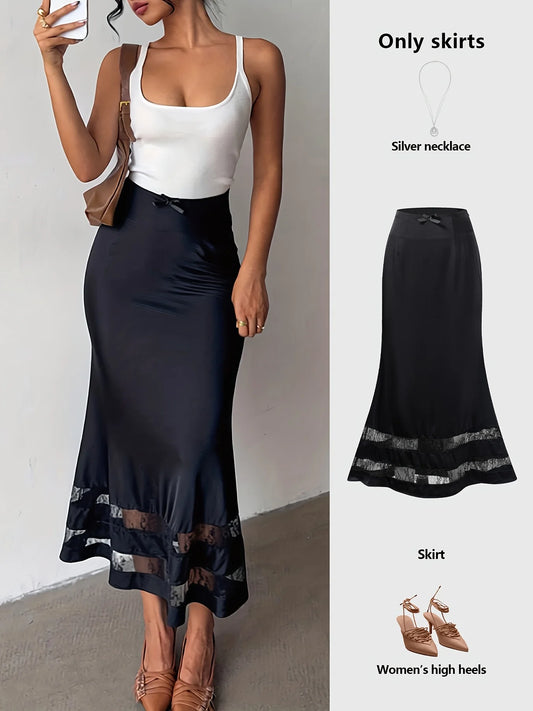 Elegant Satin Lace Ruffle Hem A Line Women's Long Skirt